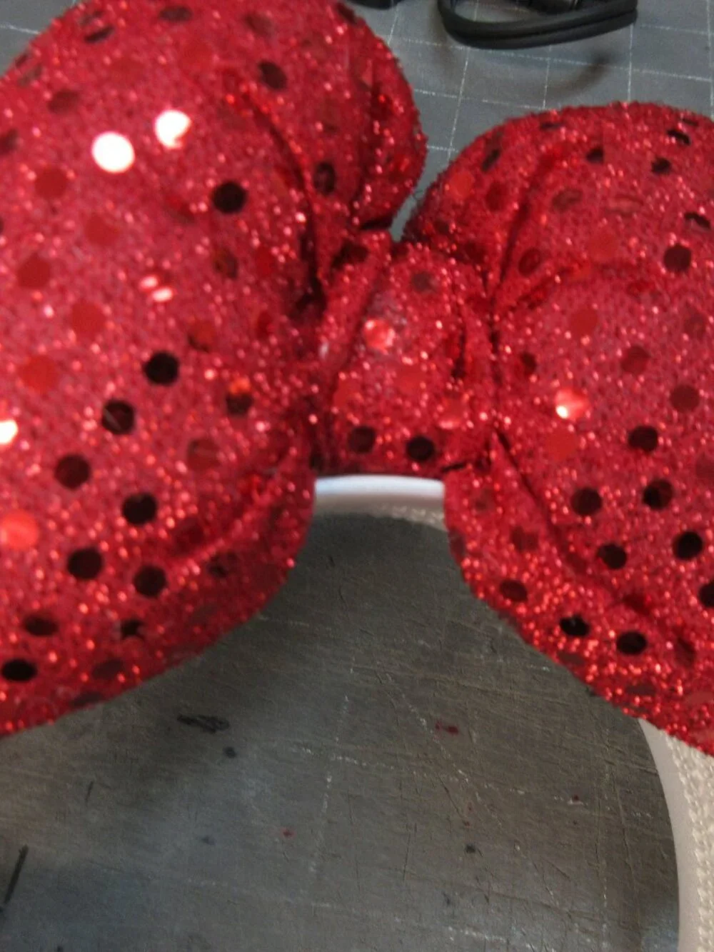 Minnie Mouse Ears - White trim, red Sequin bow fits an adult